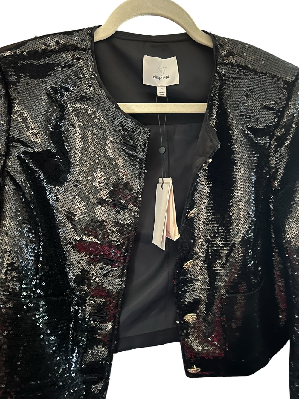 NWT cinq a sept Black Sequin “Randi” Cropped Blazer Jacket with Gold Buttons - Picture 11 of 14